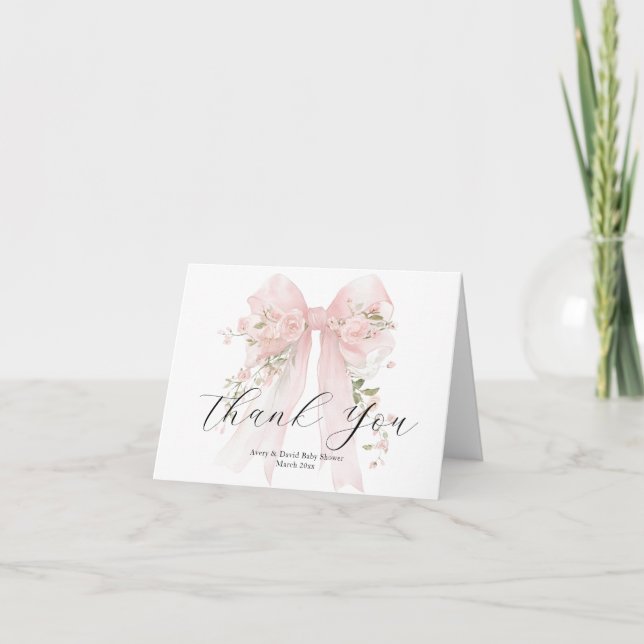 Floral Bow Elegant Flower Girl Baby Shower Thank You Card (Front)