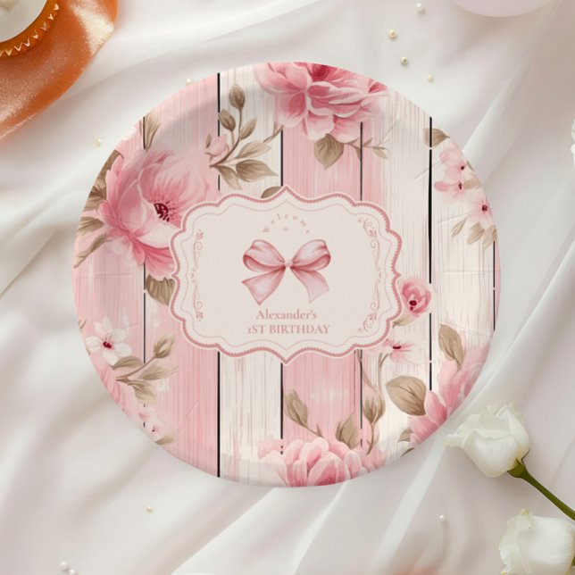 Floral Bow Fancy ONE Girl 1st Birthday  Paper Plate (Creator Uploaded)