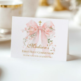 Floral Bow First Holy Communion - Coquette Thank You Card