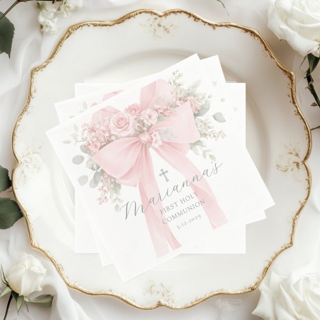 Floral Bow First Holy Communion Elegant Napkin (Creator Uploaded)