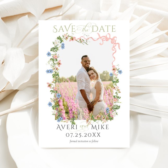 Floral Bow Garden Rustic Elegant Photo Wedding Save The Date (Creator Uploaded)