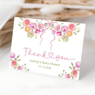 Floral Bow Pink Baby Shower Thank You Card 