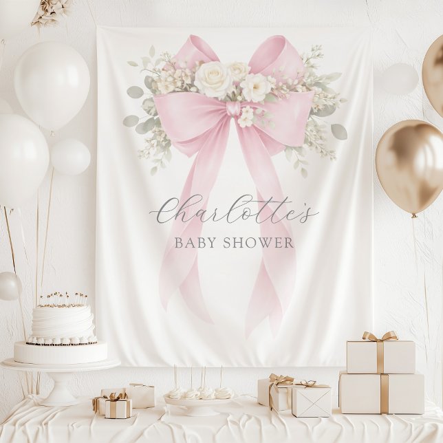 Floral Bow Pink Coquette Baby Shower Tapestry (Creator Uploaded)