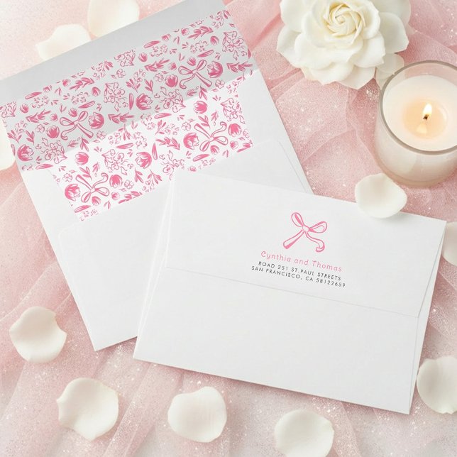 Floral Bow Pink Cute Whimsical Modern Hand Drawn Envelope (Pink Whimsical Bow Floral Bridal Shower Envelopes)