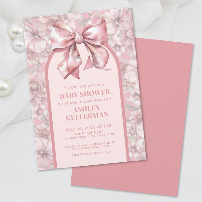 Floral Bow Pink Girl Baby Shower Invitation (Floral Bow Pink Girl Baby Shower Invitation)