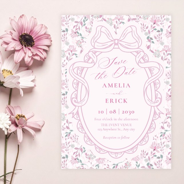 Floral bow pink soft wedding save the date (Creator Uploaded)