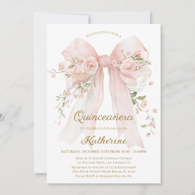 Floral Bow Quinceañera Invitation 15th Birthday (Front)