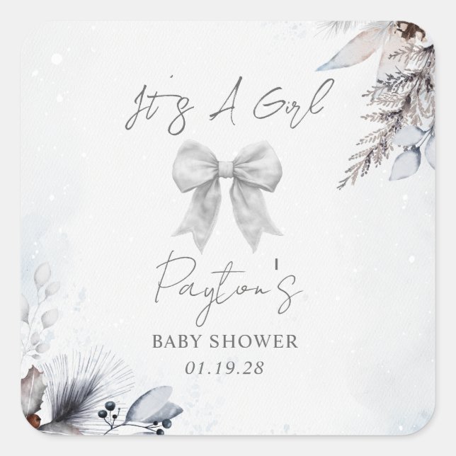 Floral Bow Winter Girl Baby Shower  Square Sticker (Front)