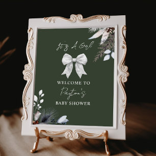 Floral Bow Winter Green Girl Baby Shower Welcome Poster