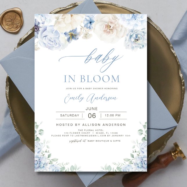 Floral Boy Blue Baby in Bloom Baby Shower  Invitation (Creator Uploaded)