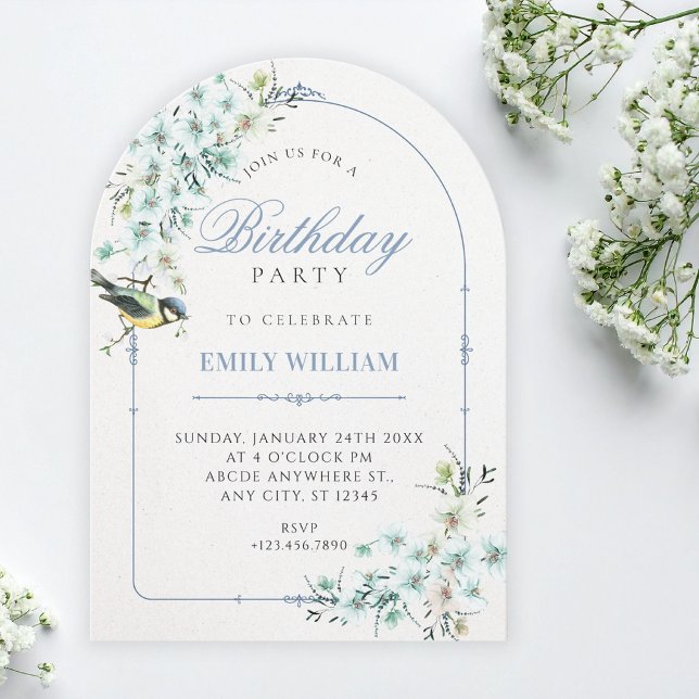 Floral branch bird birthday invitation (Creator Uploaded)