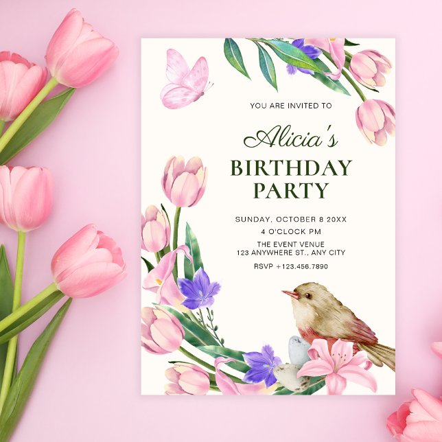 Floral branch bird birthday invitation (Creator Uploaded)