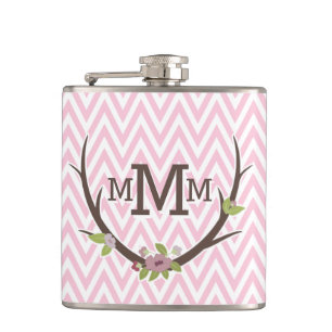Floral Branch Pink Chevron Pattern Monogram Hip Flask