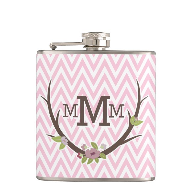 Floral Branch Pink Chevron Pattern Monogram Hip Flask (Front)