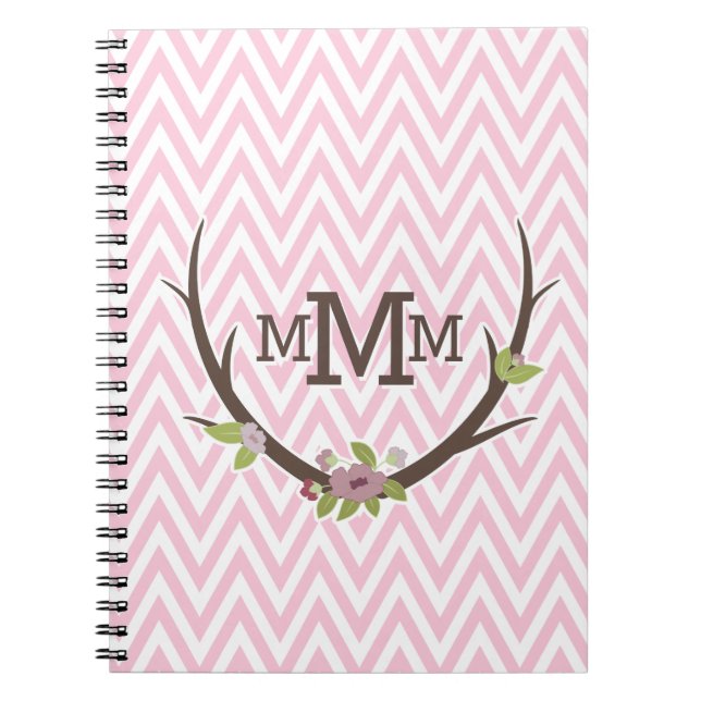 Floral Branch Pink Chevron Pattern Monogram Spiral Notebook (Front)