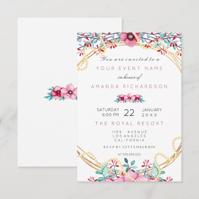 Floral Bridal Birthday Gold Pink Pearl Sweet White Invitation (Front/Back)