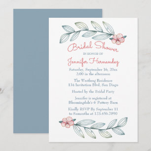 Floral Bridal Shower Blue Grey Leaf Red Flowers Invitation