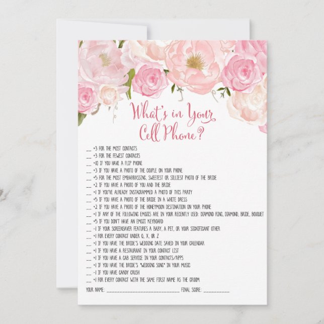 Floral Bridal Shower Cell Phone Game (Front)