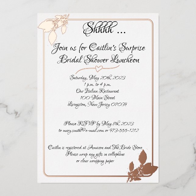 Floral Bridal Shower, Elegant White, Rose Gold (Front)