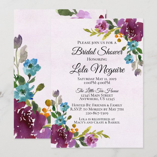 Floral Bridal Shower Invitation - Jewel Tones (Front/Back)