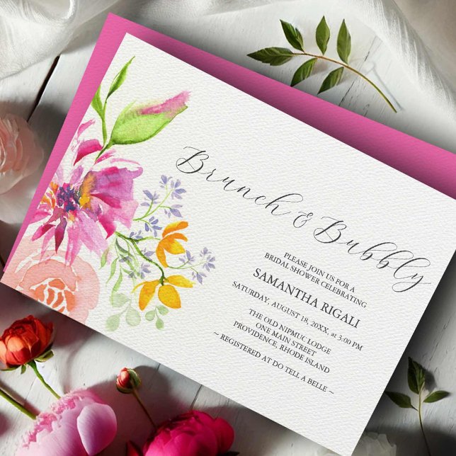 Floral Bridal Shower Invitations Vibrant Pink (Bridal shower invitations brunch and bubbly flowers watercolor art by Victoria Grigaliunas)