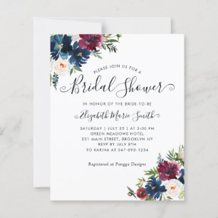 Floral Bridal Shower Navy Blue Burgundy Invitation