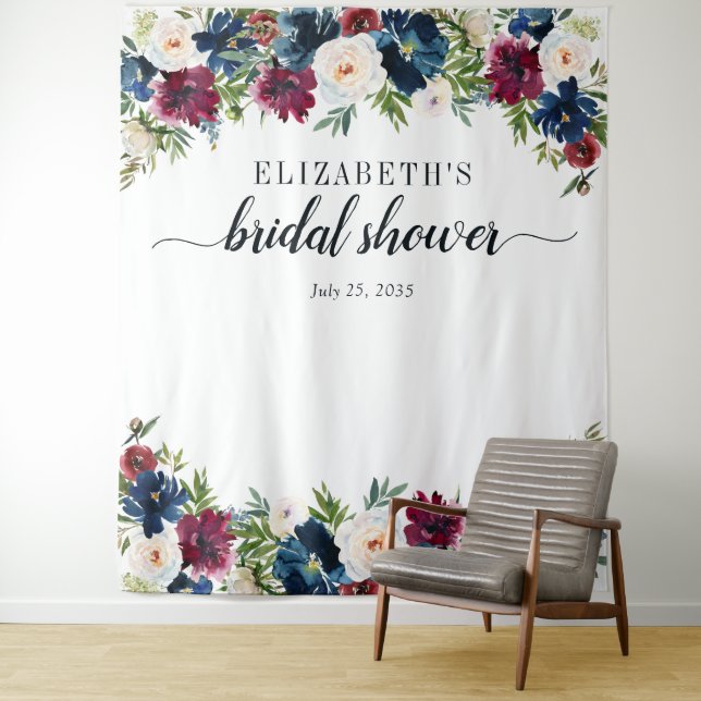 Floral Bridal Shower Navy Blue Burgundy Watercolor Tapestry (In Situ)