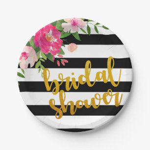 Floral Bridal Shower Plate - Black & White Stripes