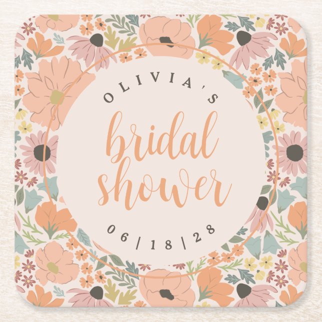 Floral Bridal Shower Square Paper Coaster (Front)
