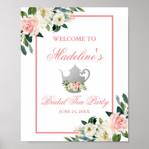 Floral Bridal Shower Tea Party Pink Silver Welcome Poster