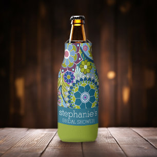 Floral Bridal Shower Teal and Green Retro Flowers Bottle Cooler