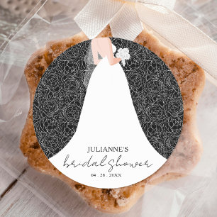 Floral Bridal Shower Wedding Gown Black Classic Round Sticker