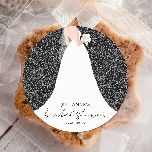 Floral Bridal Shower Wedding Gown Black Classic Round Sticker (Creator Uploaded)