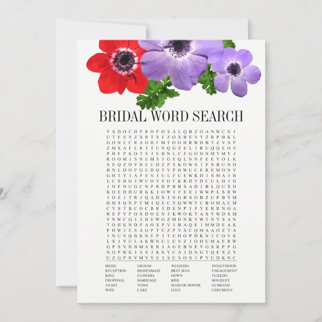 Floral Bridal Shower Word Search Game Card (Front)