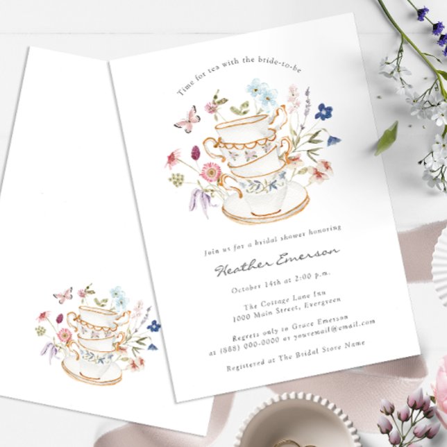 Floral Bridal Tea Invitation (Wildflower Tea Party Bridal Shower Wedding Invitation with Butterfly by Painted Paperie)
