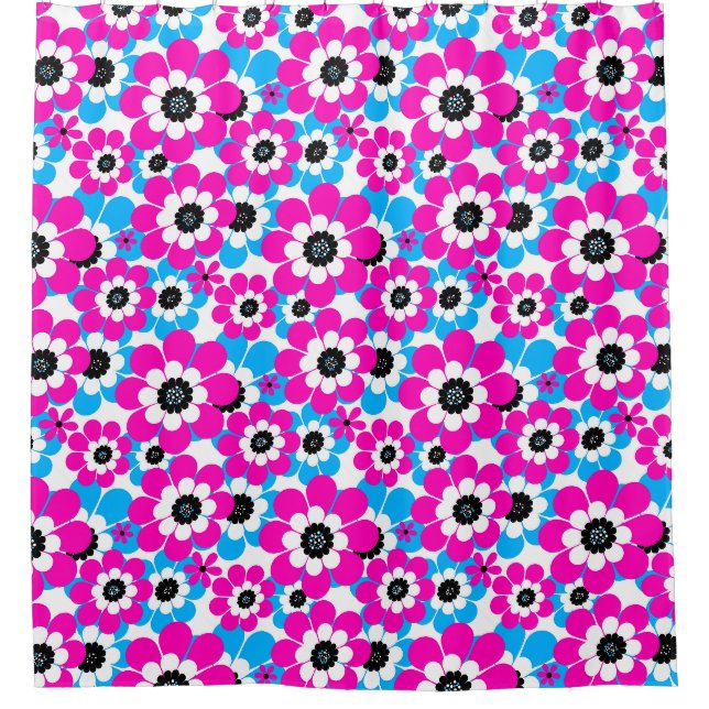 Floral bright neon pattern bright crimson and blue shower curtain (Front)