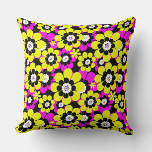 Floral bright neon pattern crimson and yellow flow cushion