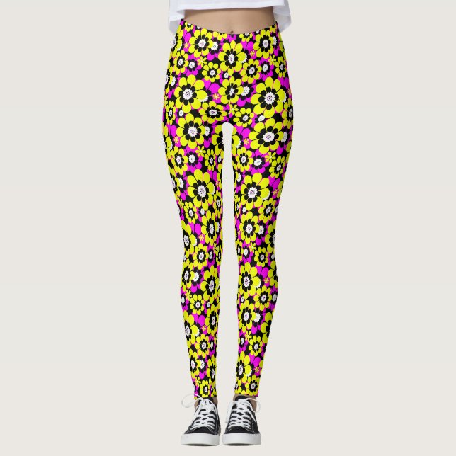 Floral bright neon pattern crimson and yellow flow leggings (Front)