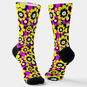 Floral bright neon pattern crimson and yellow flow socks