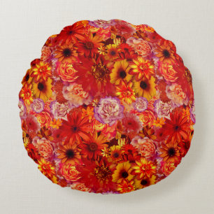 Floral Bright Rojo Bouquet Rich Red Hot Daisies Round Cushion