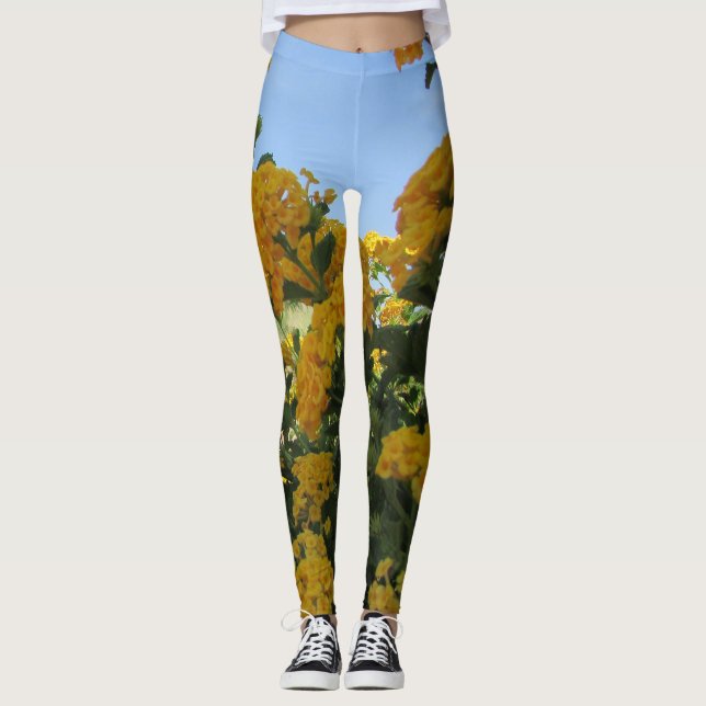 Floral Bright Yellow Landscape Blooms Flower Leggings (Front)