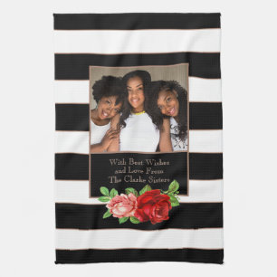 Floral Bronze Black & White Stripe - Custom Photo Tea Towel