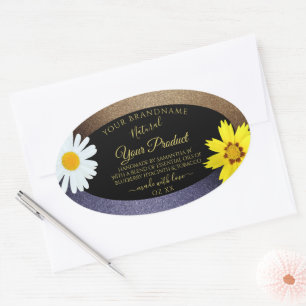 Floral Brown and Blue Glitter Black Product Labels