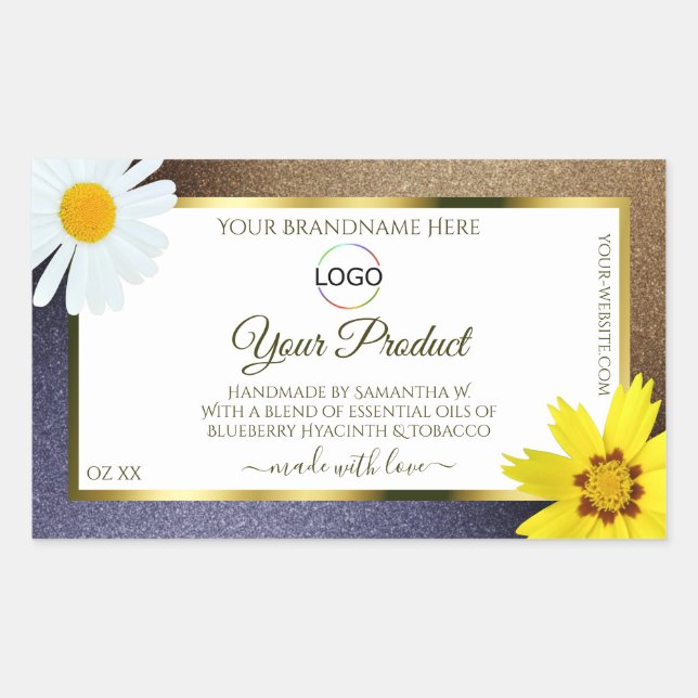 Floral Brown Blue Glitter White Product Label Logo (Front)