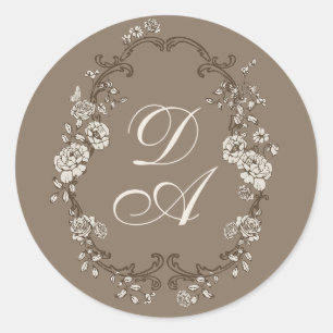 Floral Brown Monogrammed Classic Round Sticker