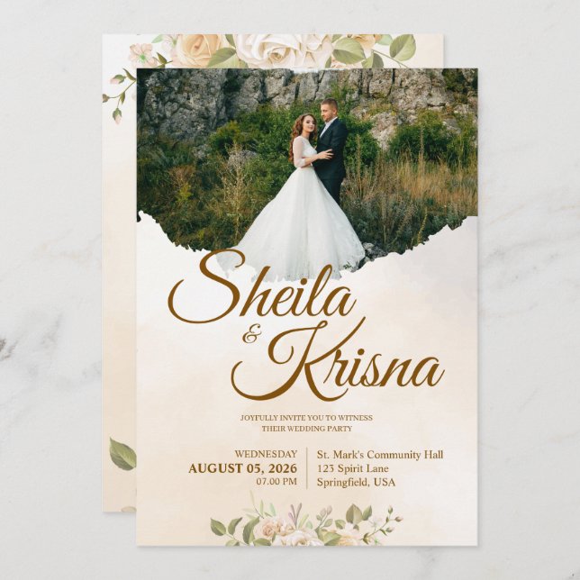 Floral Brown Pastel Elegance Wedding with Photo Invitation (Front/Back)