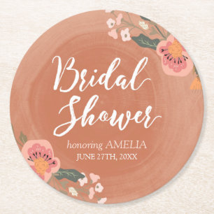 Floral Brown Wood Rustic Bridal Shower Round Paper Coaster