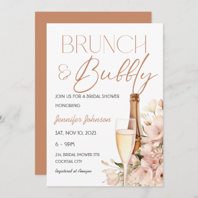 Floral Brunch and Bubbly Champagne Bridal Shower  Invitation (Front/Back)