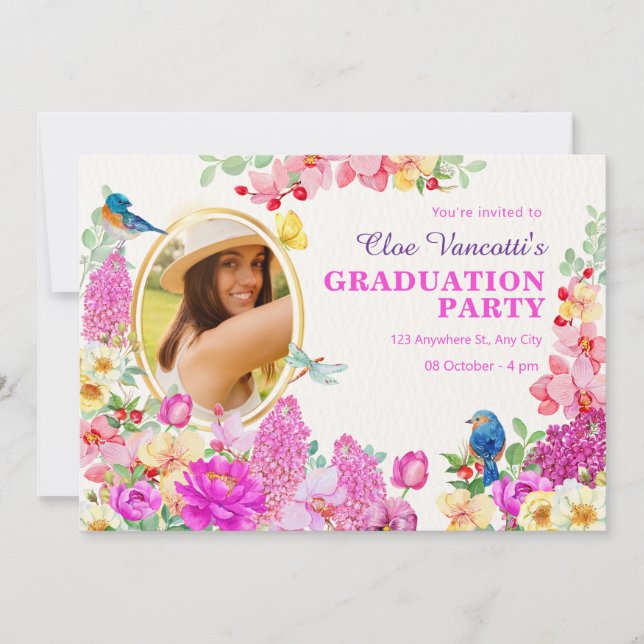 Floral brunch photo baby graduation invitation (Front)