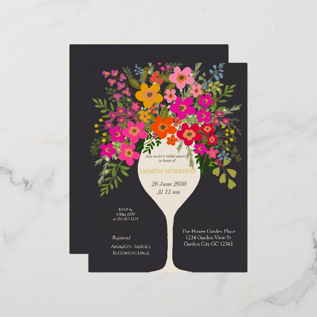 Floral Brunch Wine Glass Bridal Shower Foil Invitation Postcard (Front/Back)